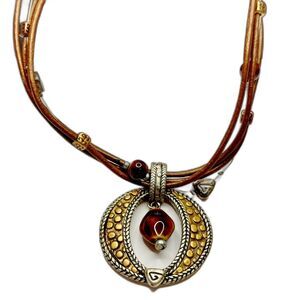 Chico's Leather Necklace Large Textured Pendant Collar Length Brown Gold Silver
